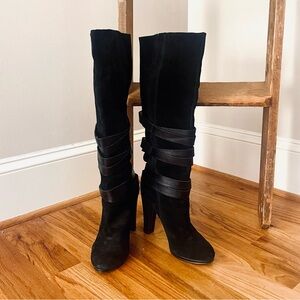 NINE WEST Izettr Suede Leather Heeled Buckled Wrap Around Knee High Boot 8.5